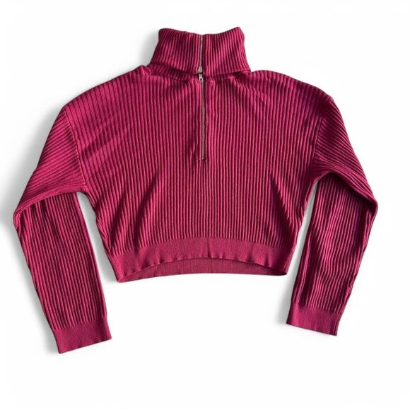 Cotton On Magenta Zip Up Cropped Ribbed Sweater - Picture 7 of 8